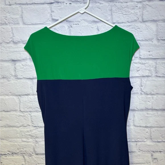 Lauren Ralph Lauren Dress Size 14 Navy Green Midi Ruched Sheath Classic Luxury - Picture 6 of 11